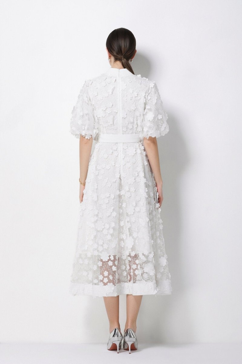 3D Floral Appliqué Lace Stand-Collar Midi Dress with Puff Sleeves