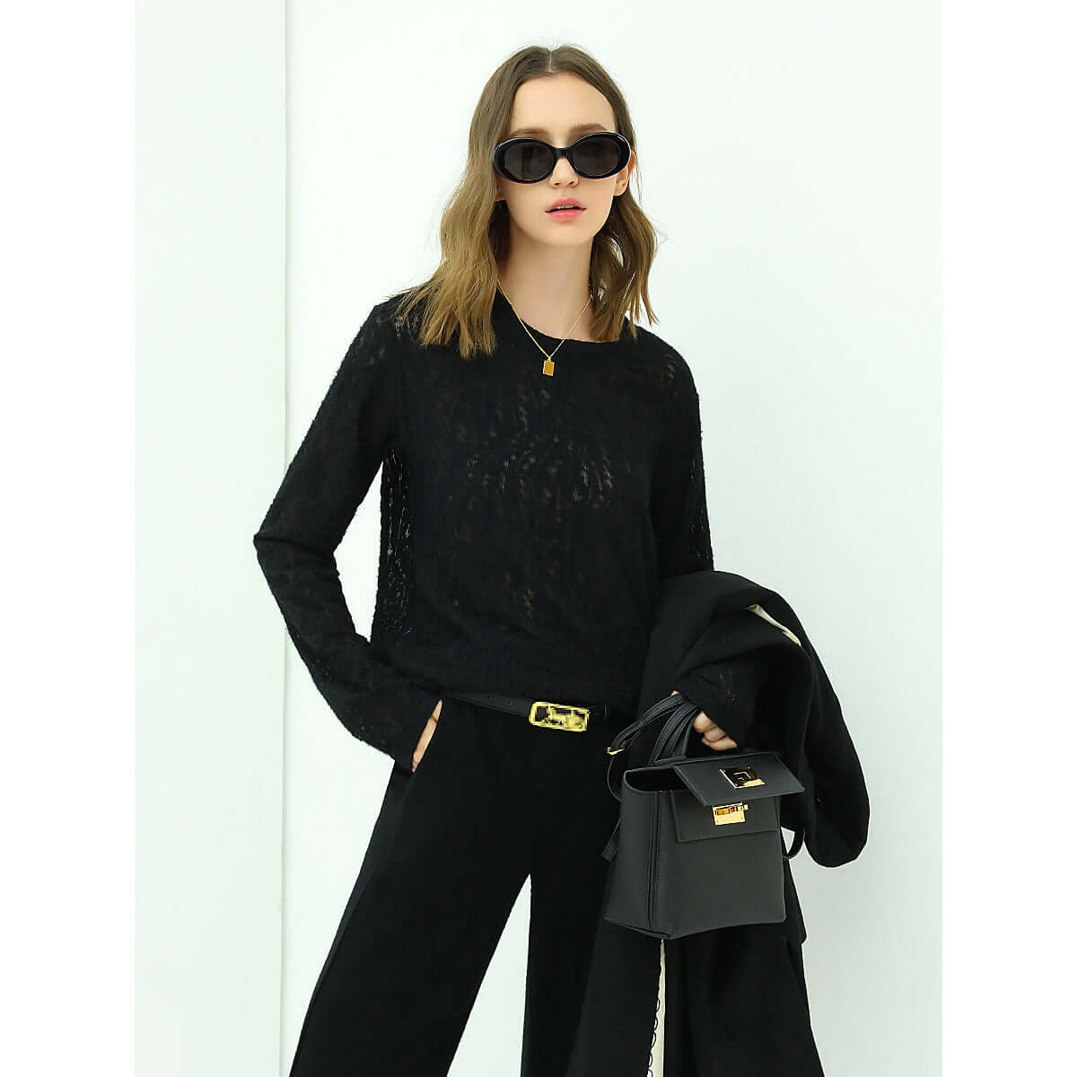 3D Hollow out Jacquard Black Knit Top