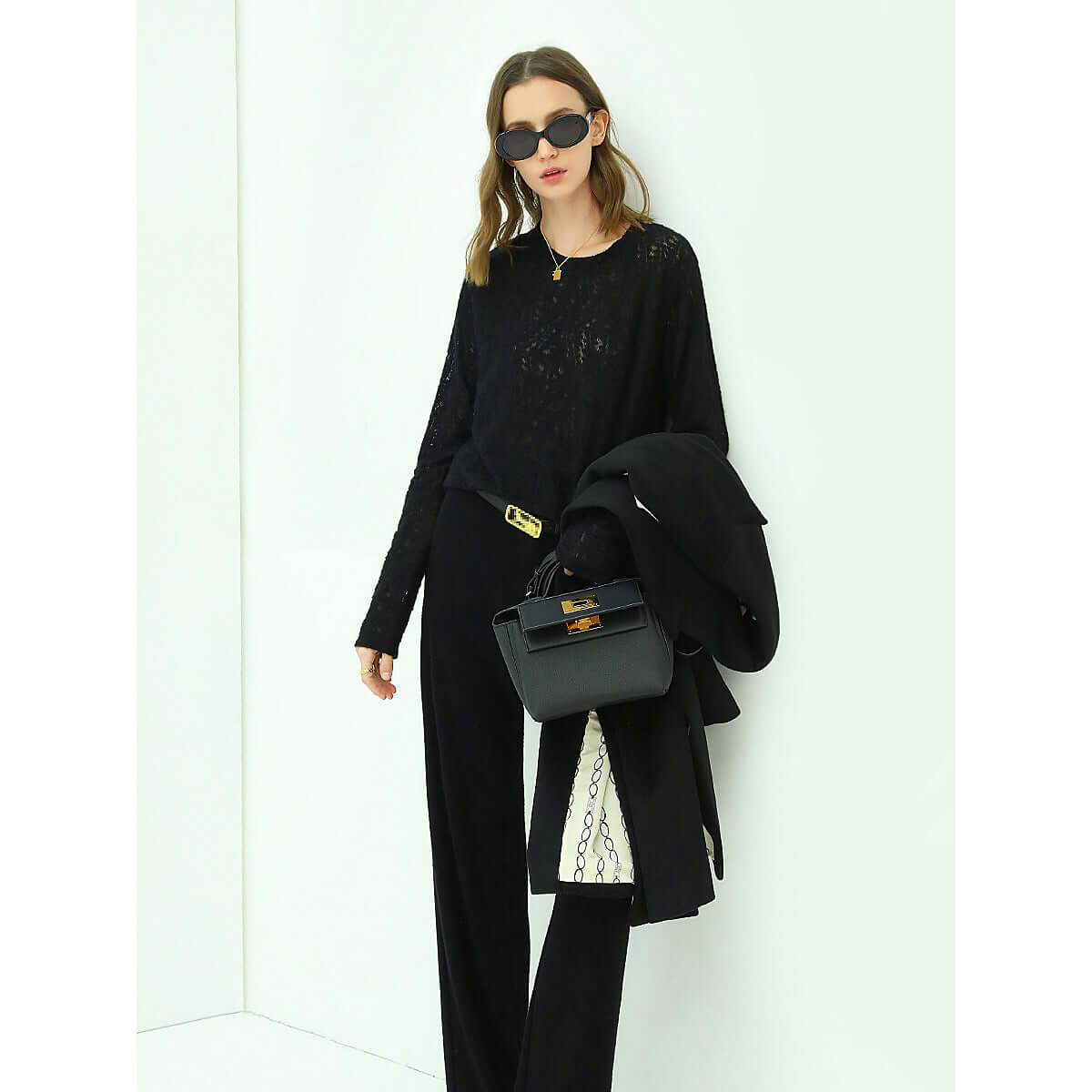 3d hollow out jacquard black knit top all black 3