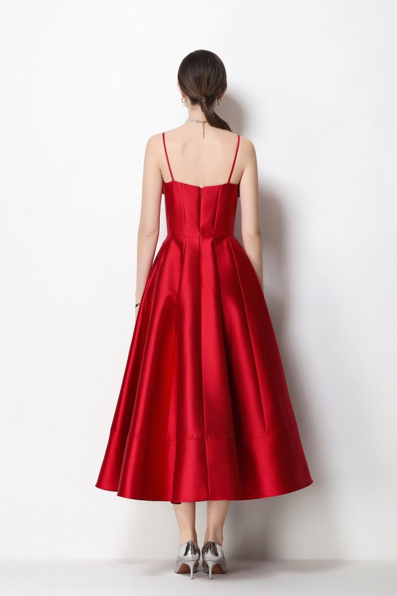 3D Rosette Satin Spaghetti Strap Tea-Length Dress