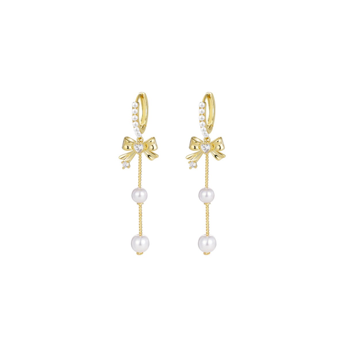Pretty Long Pearl Bowknot Gold Earrings