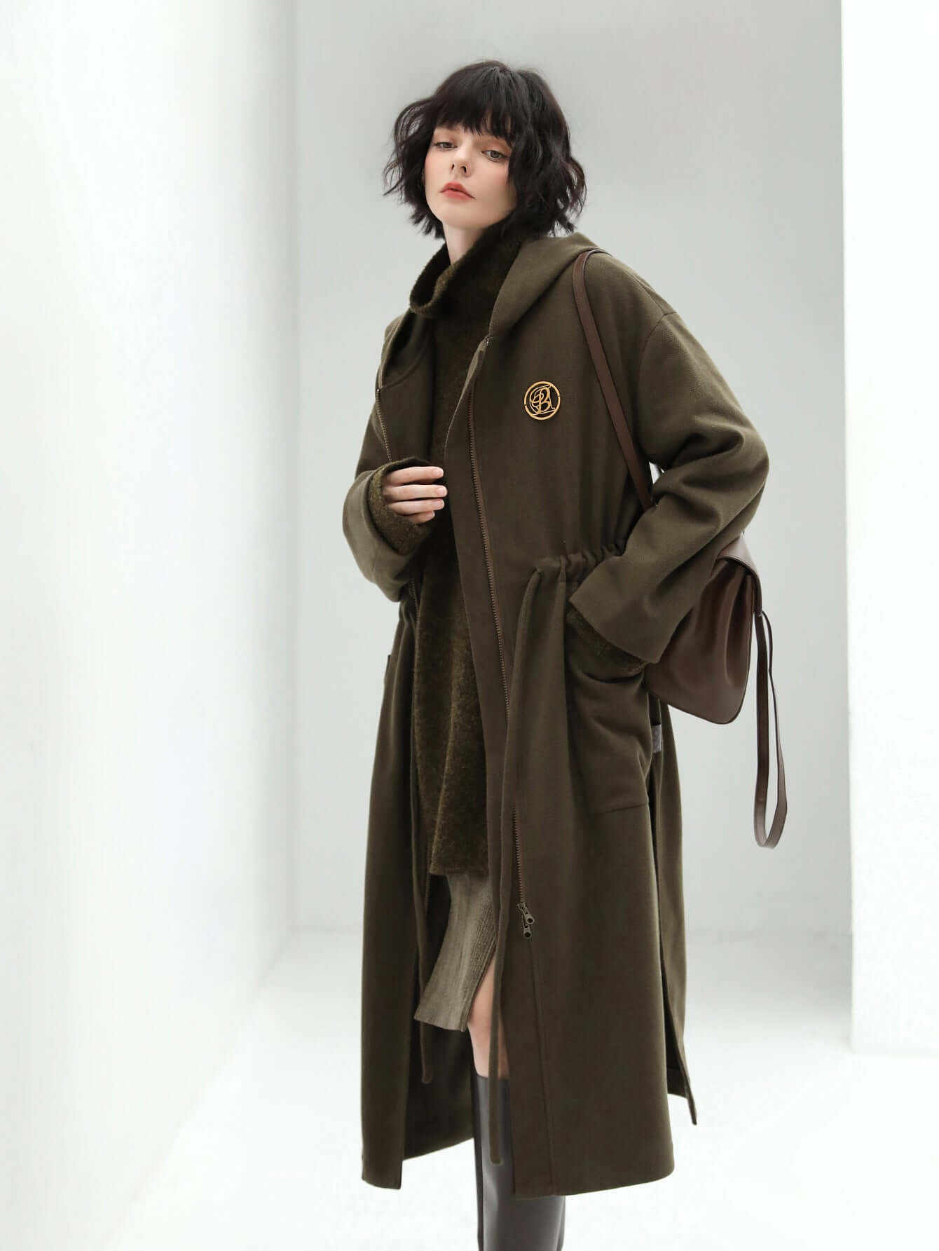 adjustable drawstring brown hooded wool coat women all brown 1