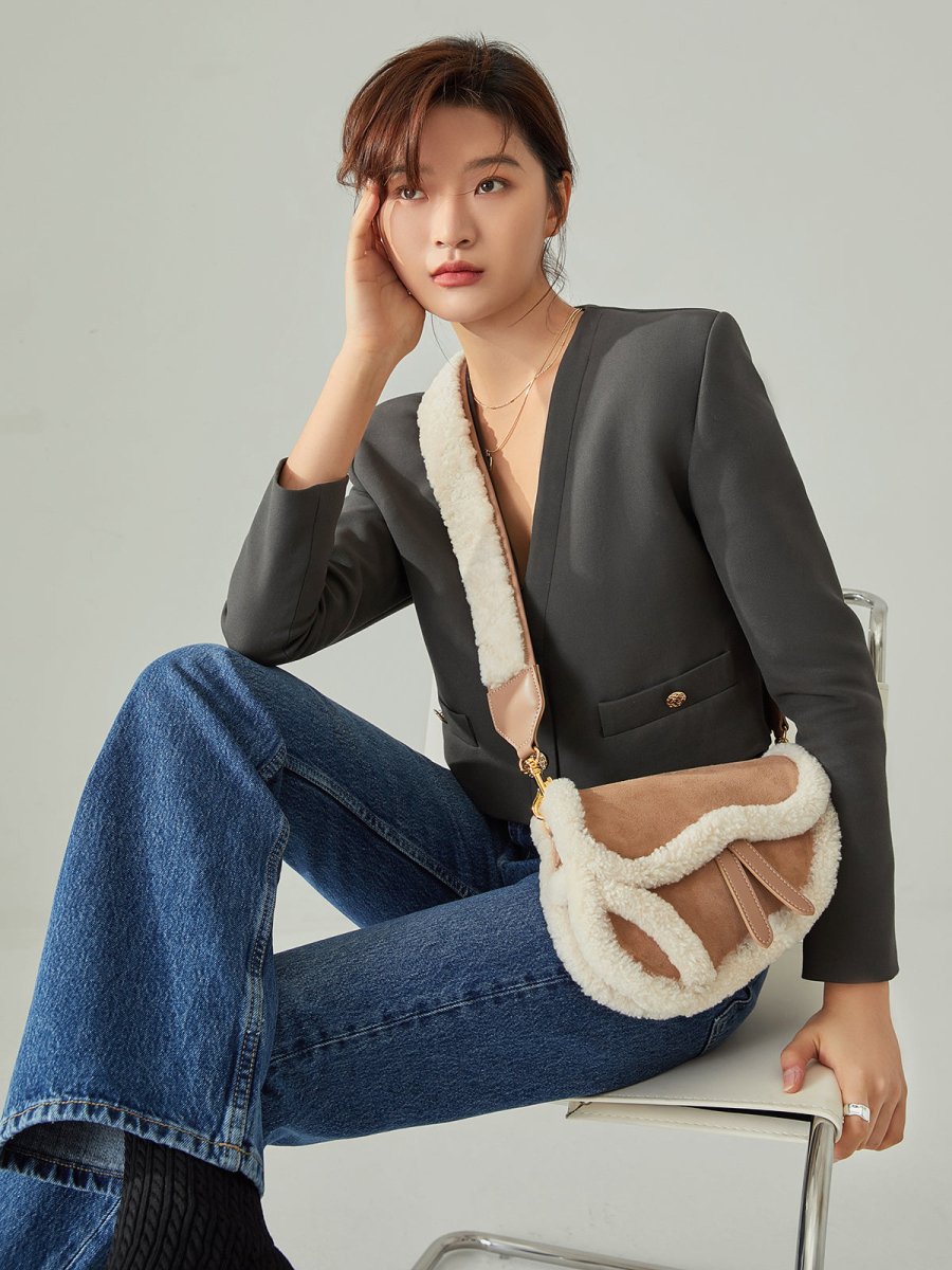 Apricot Beige Furry Saddle Shoulder Bag - 0cm