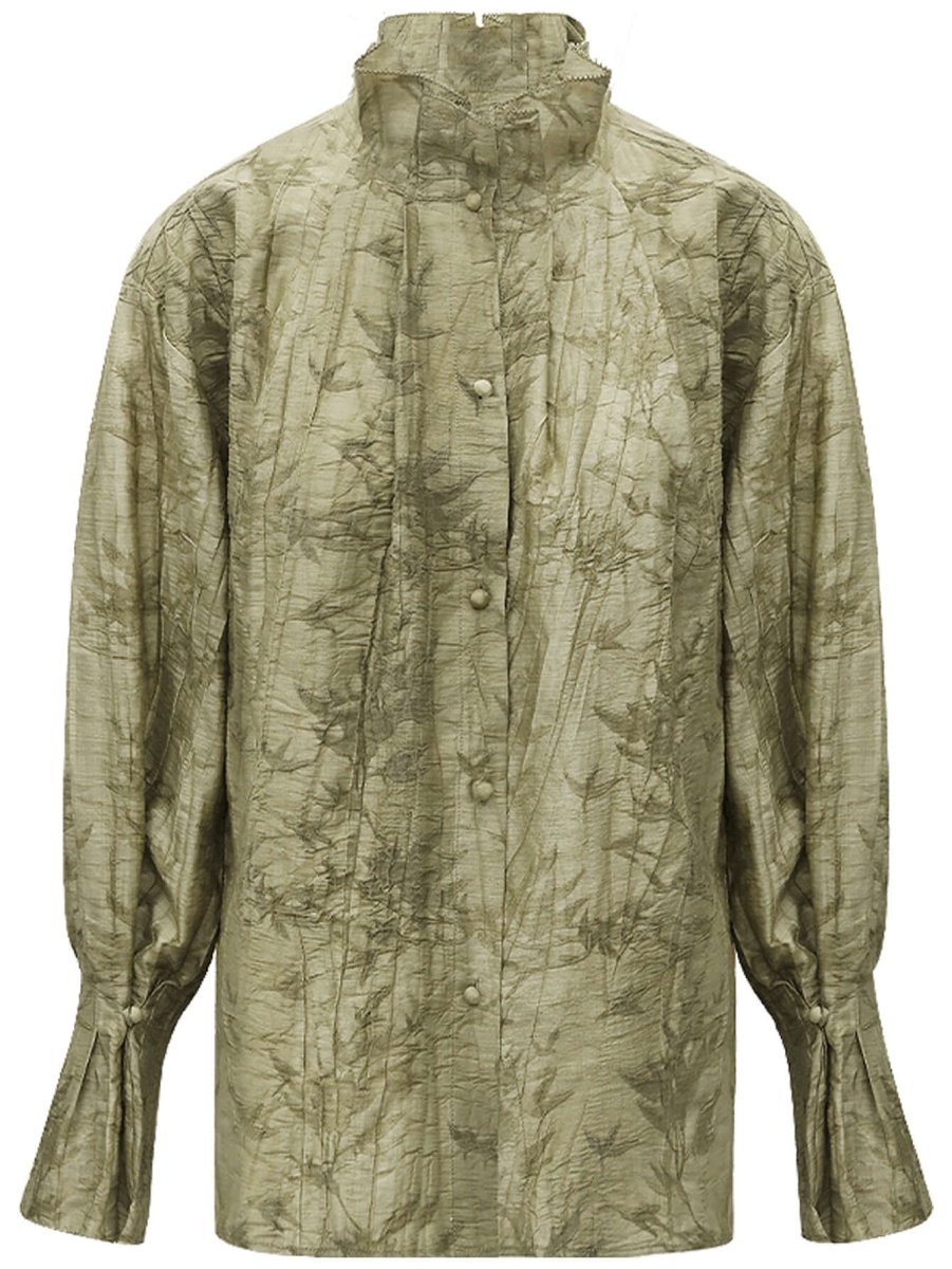 Bamboo Leaf Jacquard Ruffled Long Sleeve Blouse - 0cm