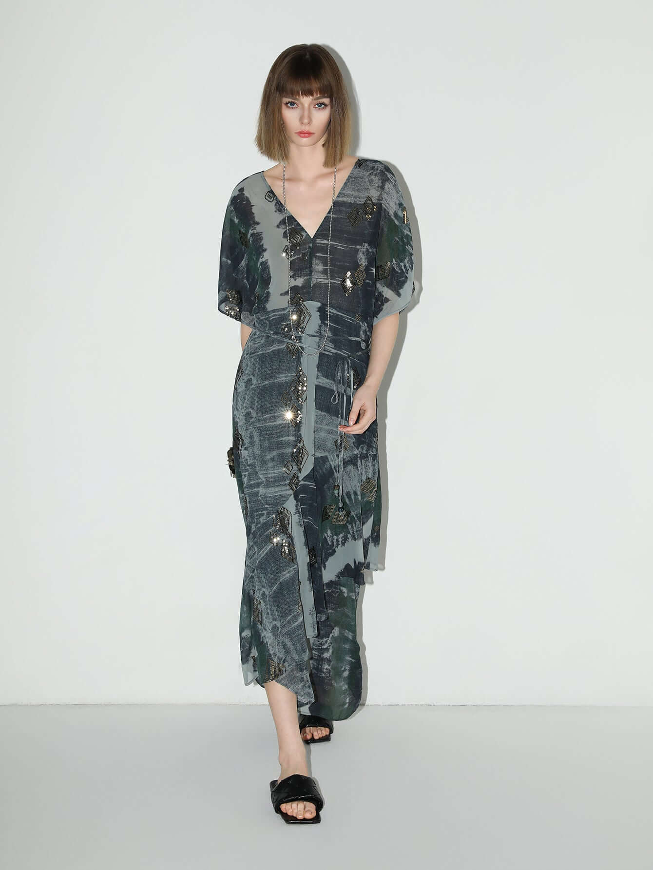 black and grey tie dye print chiffon dress all grey 3