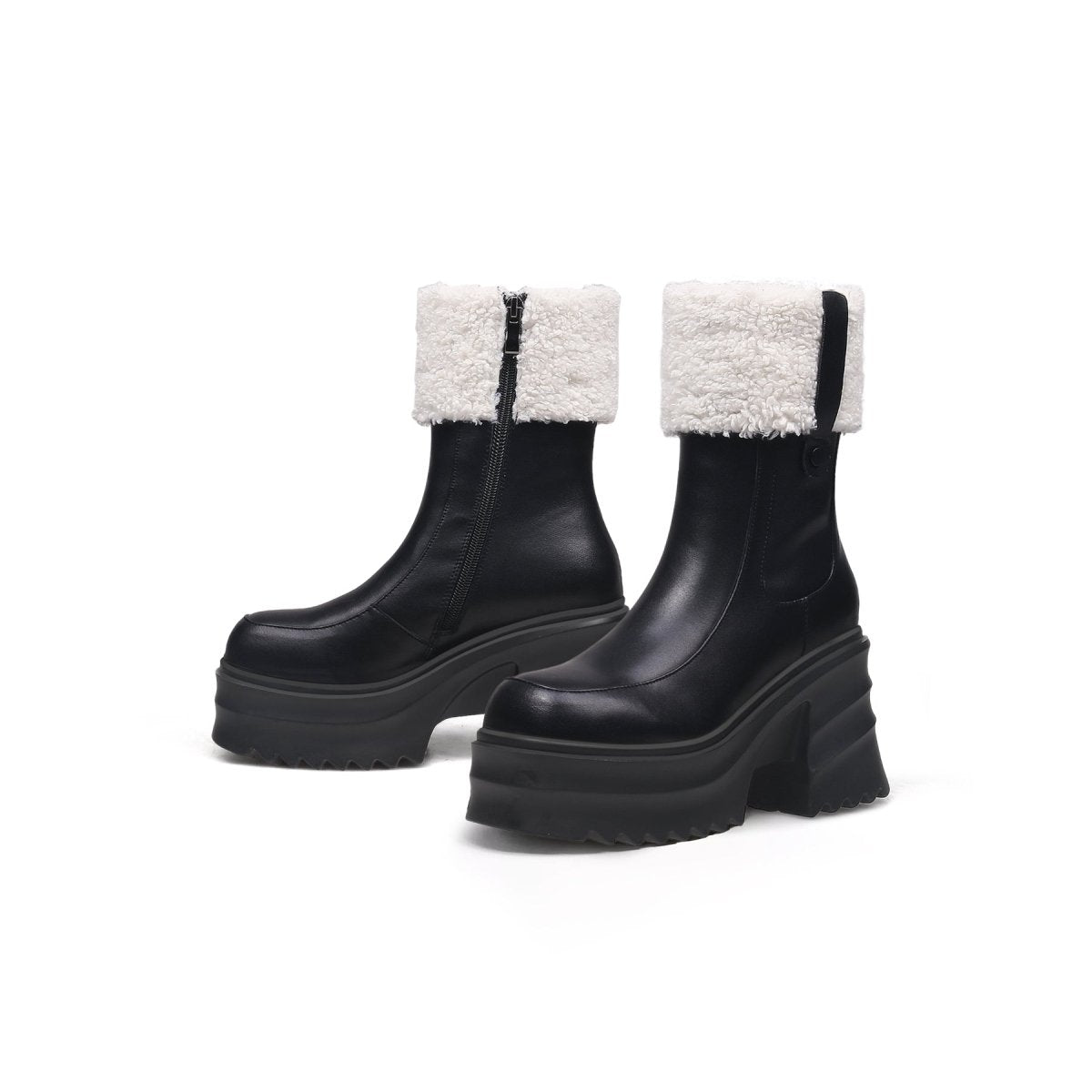 black fur lined platform leather boots all black 6