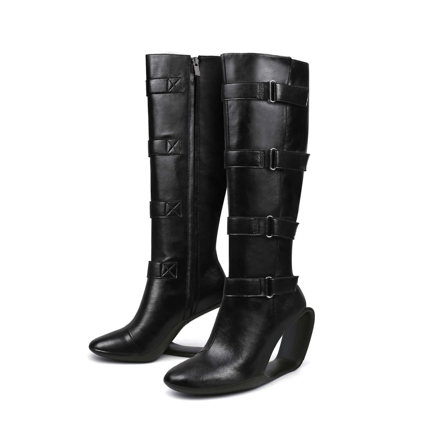 black knee high multi buckle strap boots all black 6