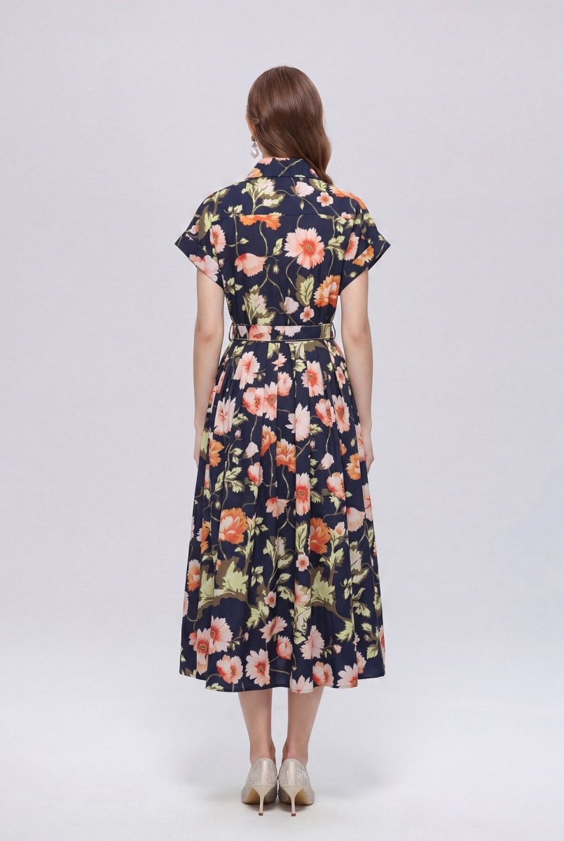 Black Poppy Floral Belted Shirt Midi Dress