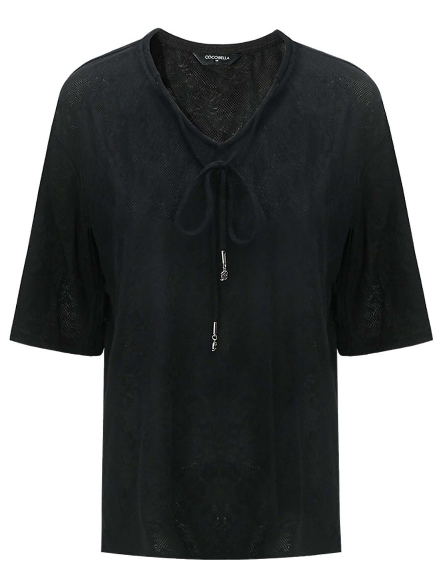 Black Tie - Up Knitted Top with Quarter Sleeves - 0cm