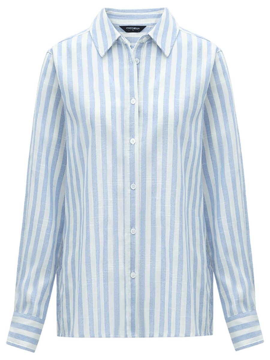 Blue and White Striped Long Sleeve Collared Shirt - 0cm