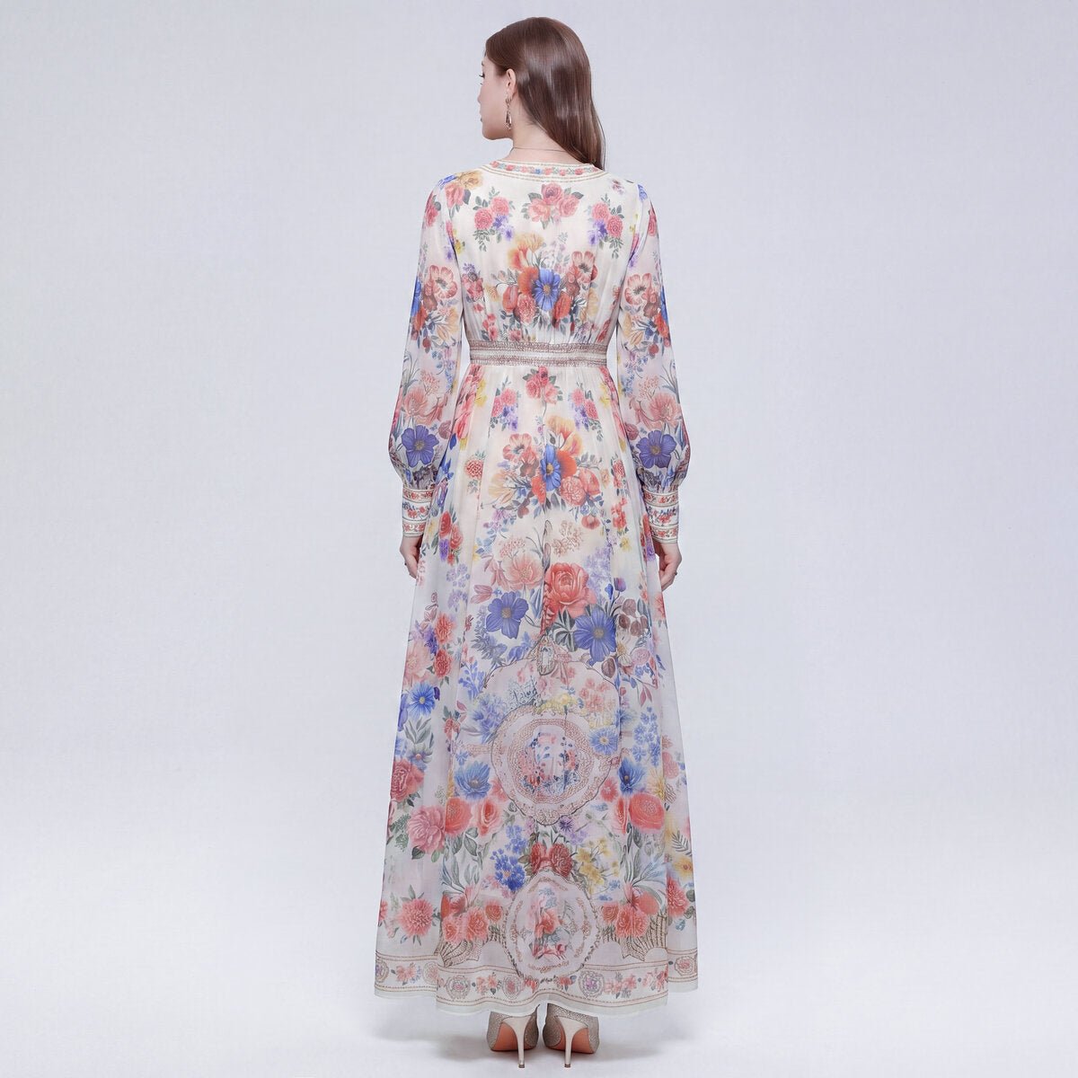 Botanical Border Print Maxi Dress with Deep V-Neck