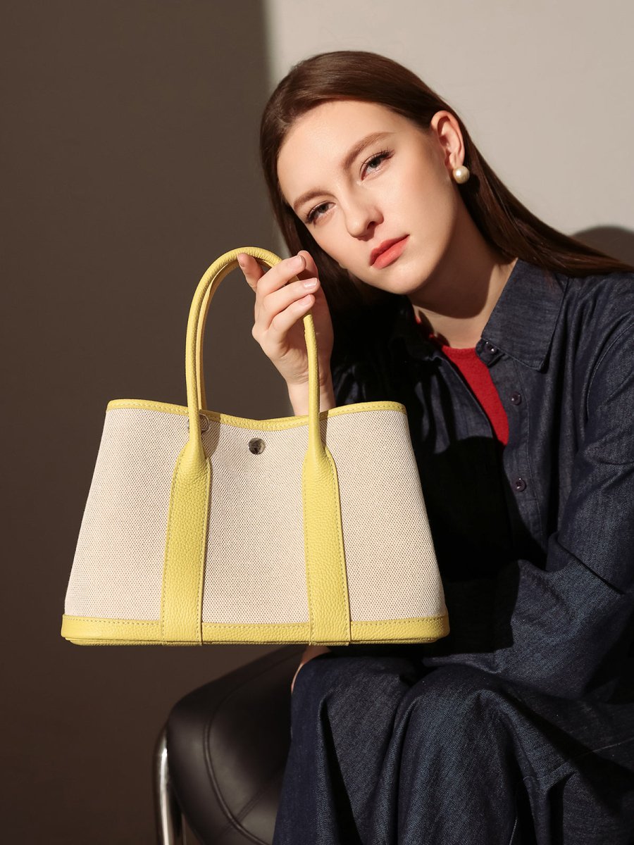 Botanical Canvas & Leather Garden Tote Bag – Structured Top Handle Tote with Removable Pouch & Panda Charm