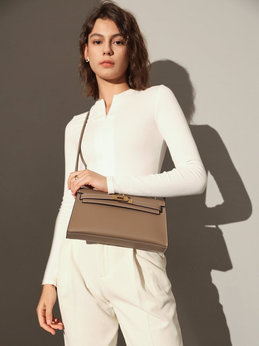 Camille Palm-Grain Calfskin Shoulder Bag – Structured Minimalist Handbag with Gold Twist-Lock Closure
