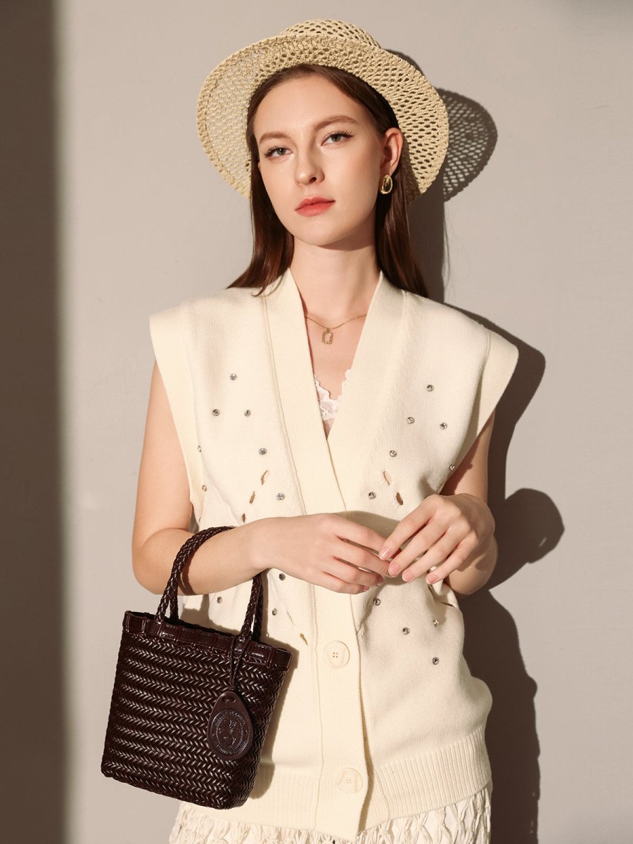 Chocolate Organic Reed Woven Basket Bag - 0cm