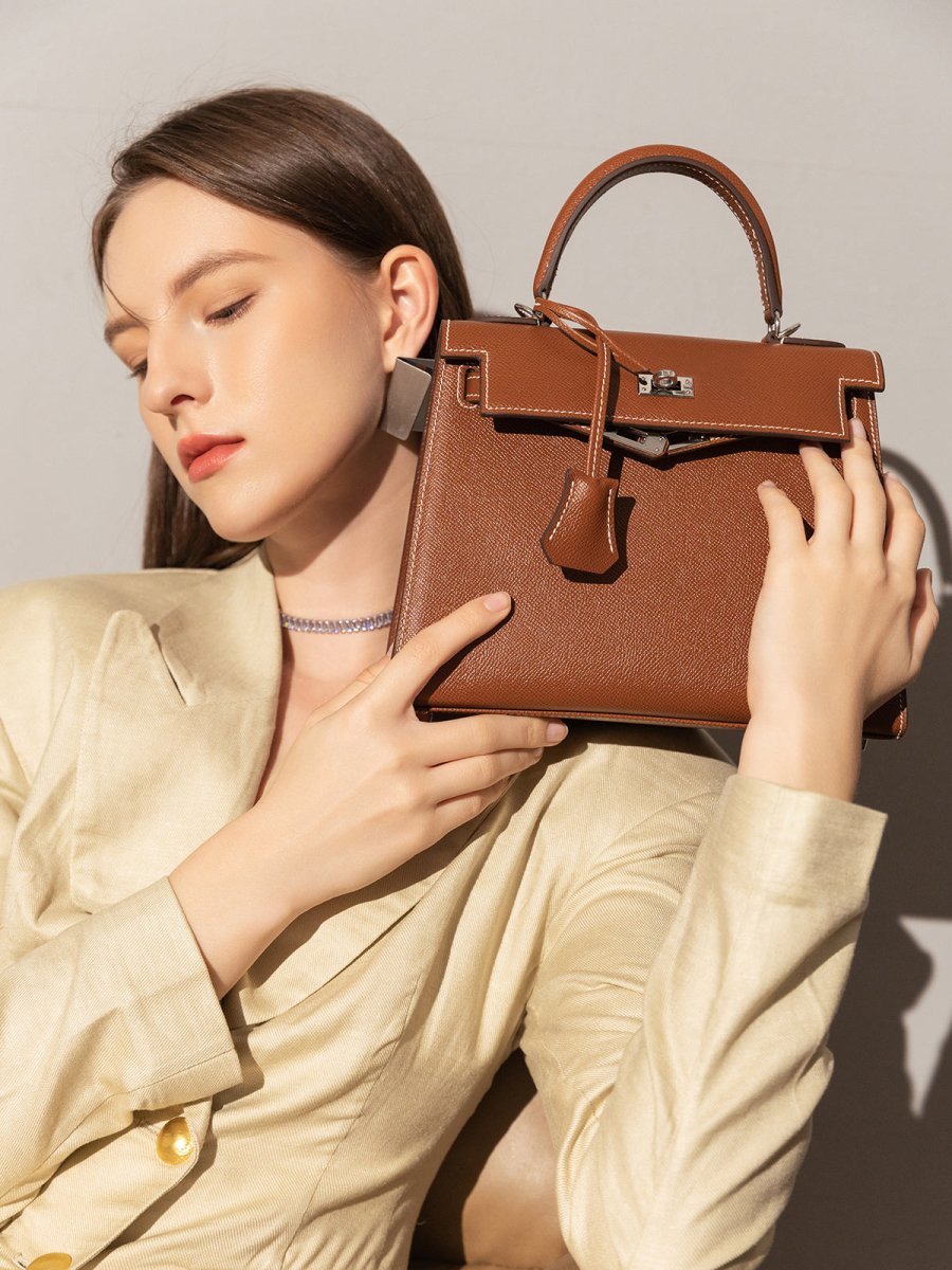 Clifton Palm-Grain Calfskin Top Handle Bag – Structured Leather Satchel with Turn-Lock Closure