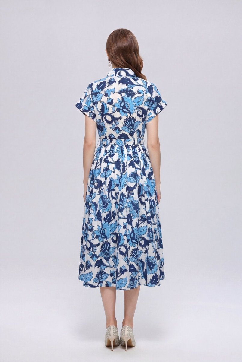 Cobalt & Ivory Botanical Damask Belted Shirt Midi Dress