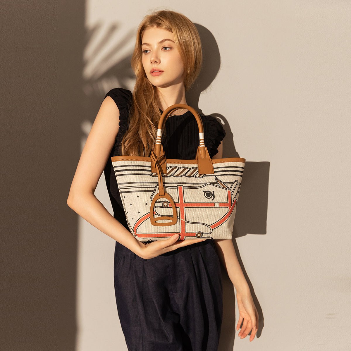 Colorful Abstract Top Handle Bag – Equestrian Print Canvas Tote with Leather Trim and Stirrup Charm