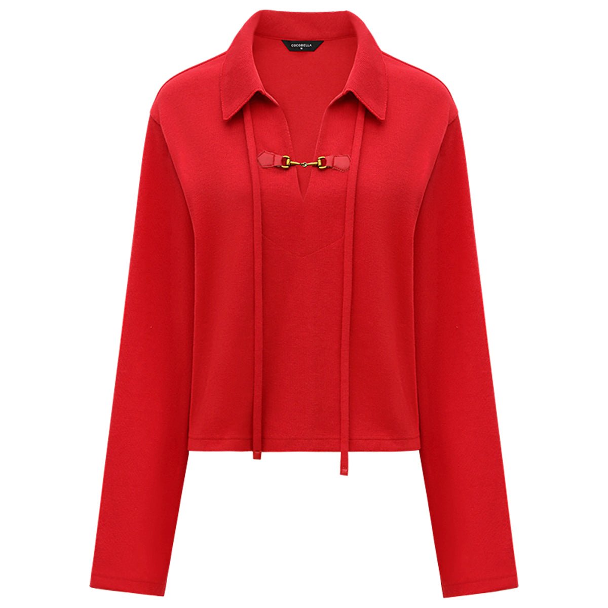 comfy drawstring wide sleeved red sweater with collar buckle all red 4