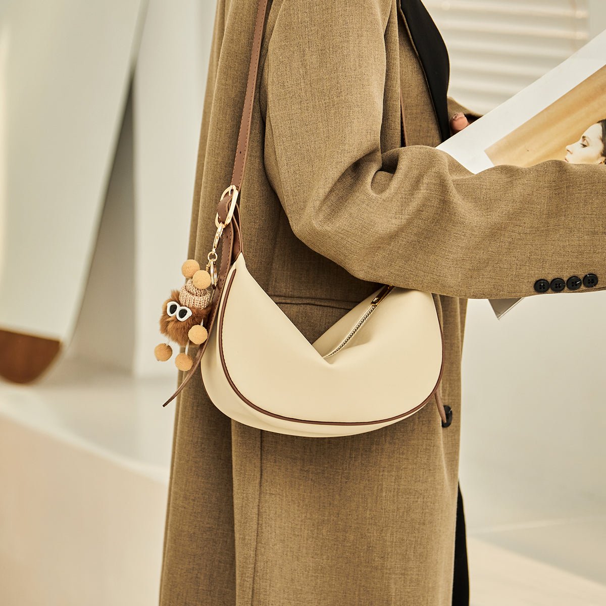 Crescent Leather Crossbody Shoulder Bag with Bear Charm