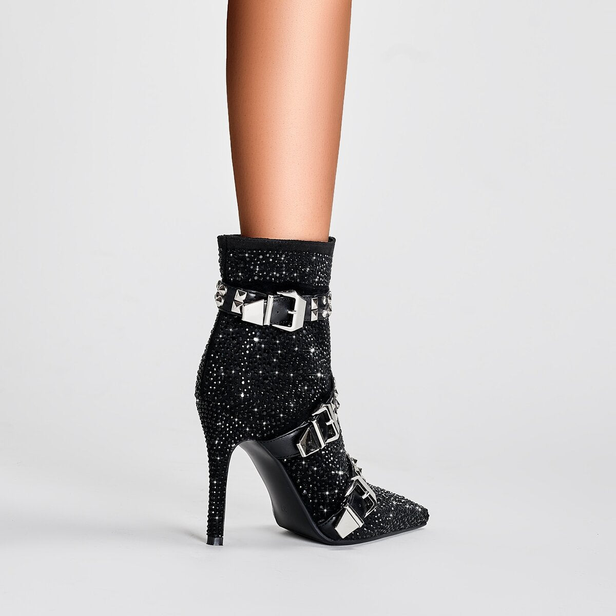 Crystal Studded Triple Buckle Stiletto Ankle Boots
