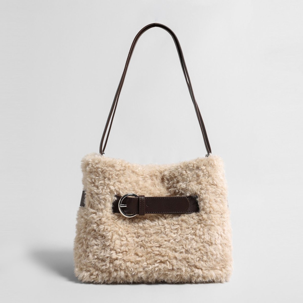 Curly Faux Shearling Tote Bag – Leather Buckle Shoulder Bag
