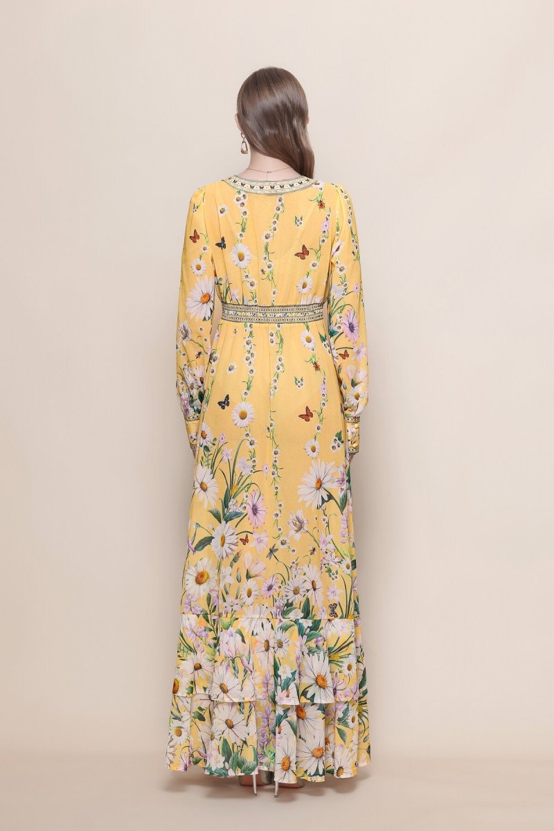 Daisy Butterfly Deep V-Neck Ruffle Maxi Dress