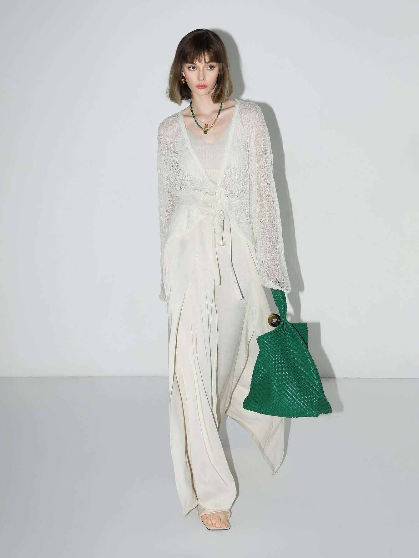 delicate white lace sheer cardigan with bat sleeves all white 3