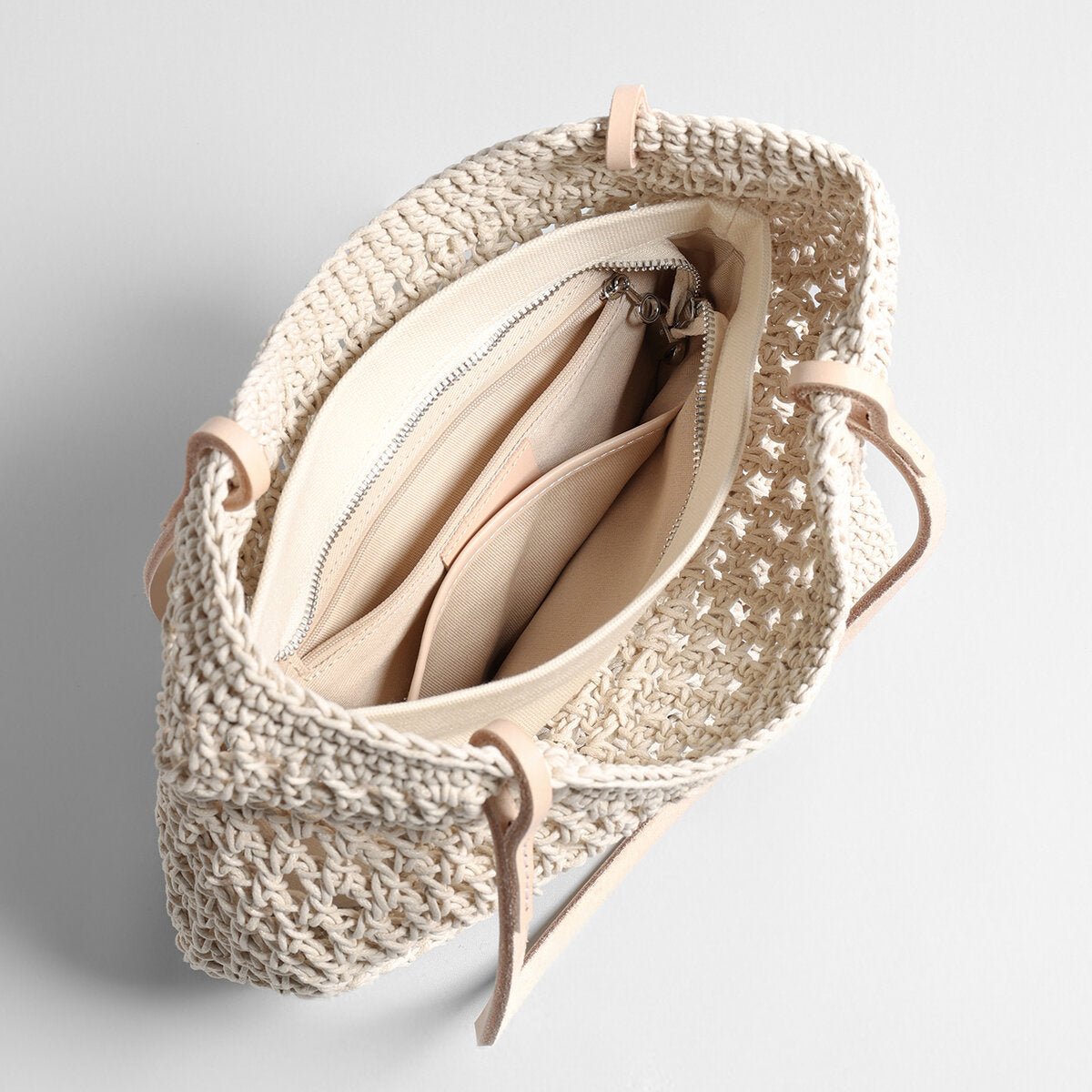 Diamond Pointelle Woven Tote Bag – Chunky Cotton Rope Beach Bag with Leather Handles