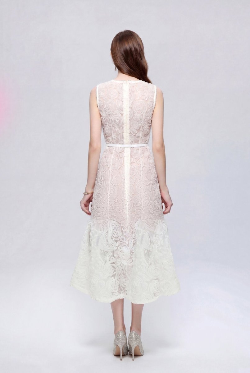 Dimensional Rosette Lace Crystal-Neckline Sleeveless Midi Dress with Tie Belt