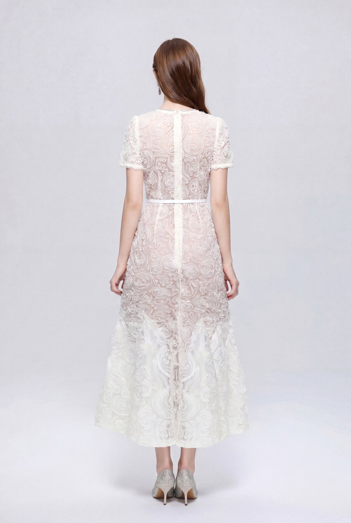 Dimensional Rosette Lace Crystal-Neckline Midi Dress with Short Sleeves and Tie Belt