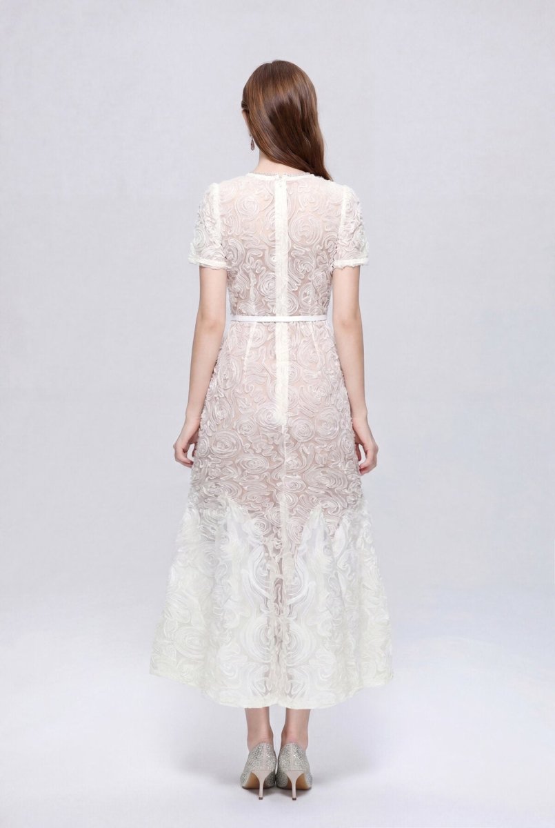 Dimensional Rosette Lace Crystal-Neckline Midi Dress with Short Sleeves and Tie Belt