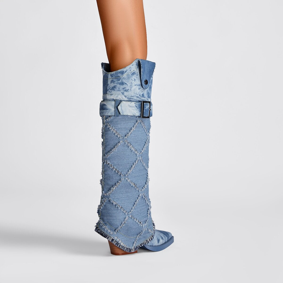 Distressed Diamond Denim Foldover Knee High Western Boots