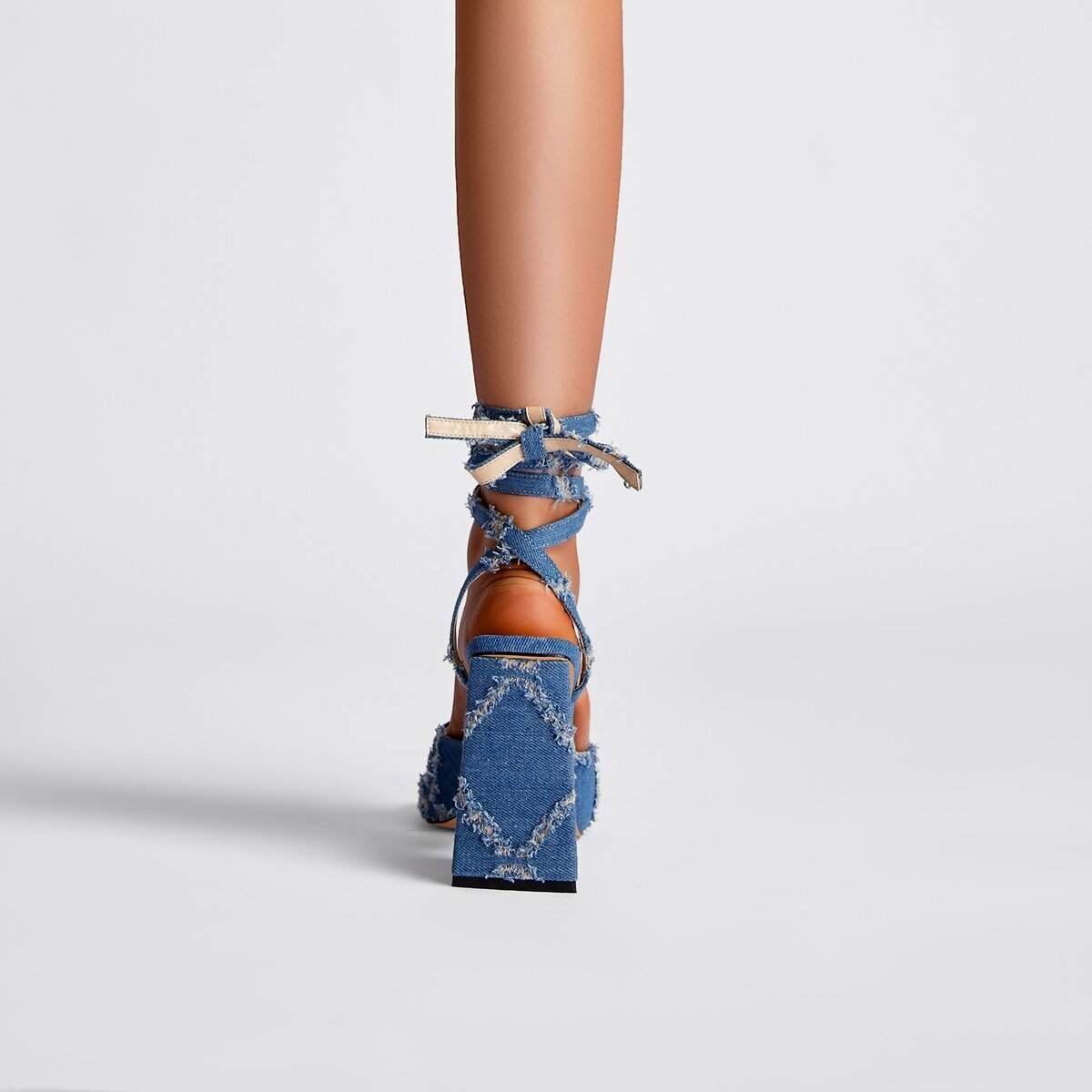 Distressed Diamond Denim Square Toe Block Heel Sandals