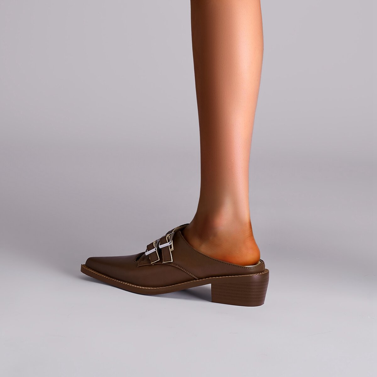 Double Buckle Cutout Leather Pointed Toe Mules