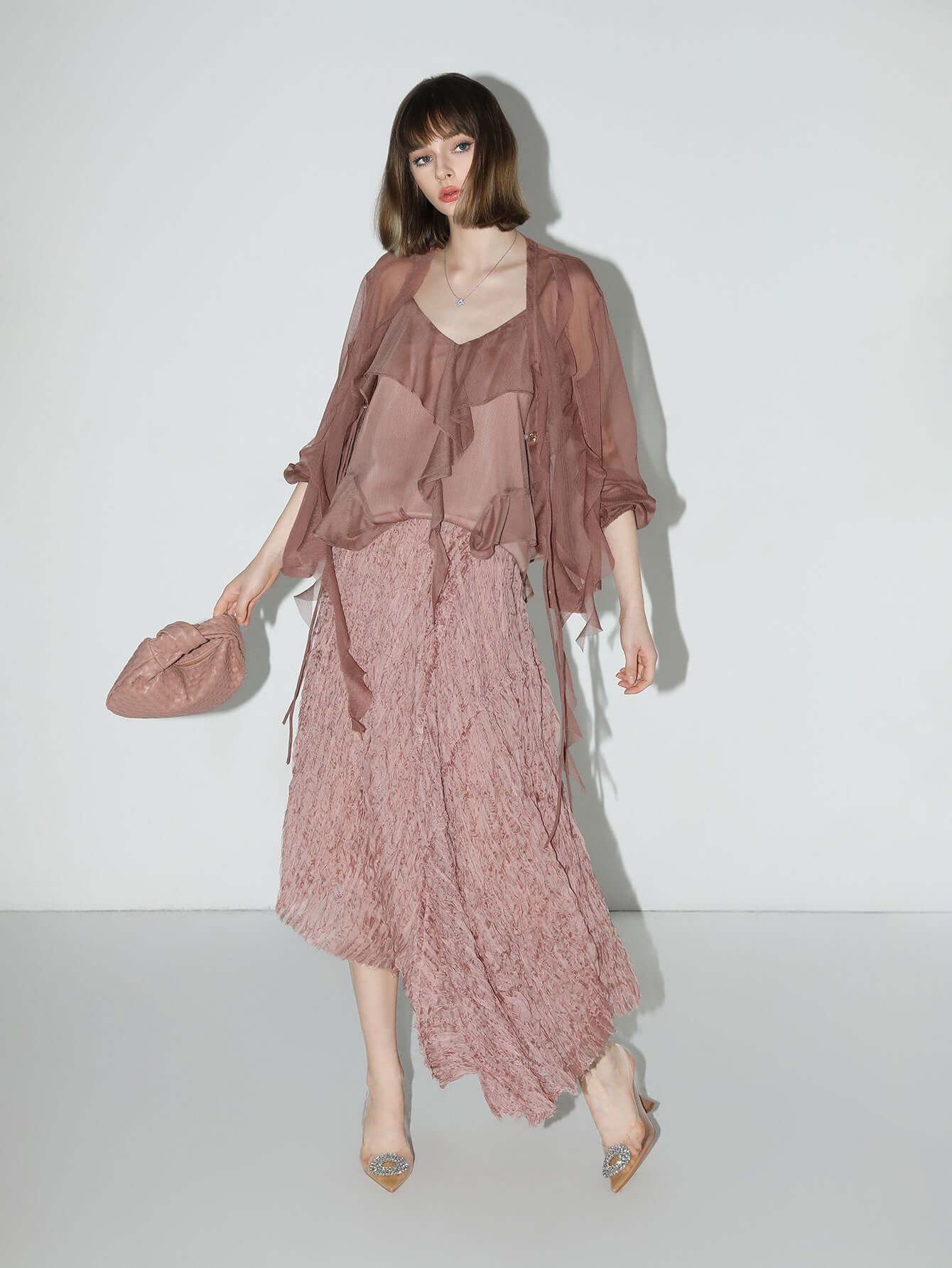 dusty pink pleated asymmetrical a line chiffon skirt all pink 3