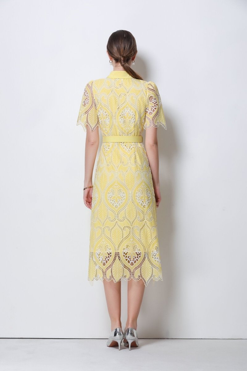 Elegant Lace Belted Midi Shirt Dress