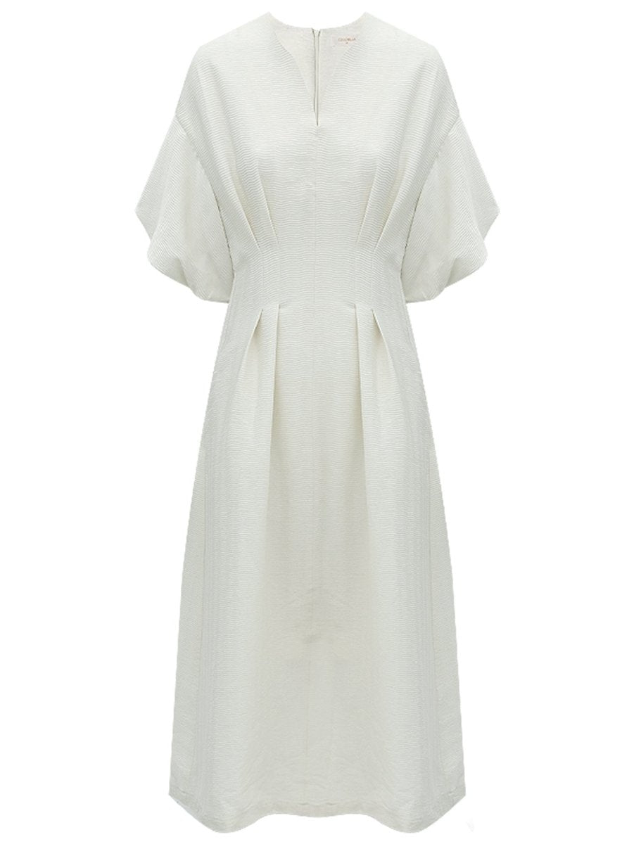 elegant textured pleated french tea dress all white 4