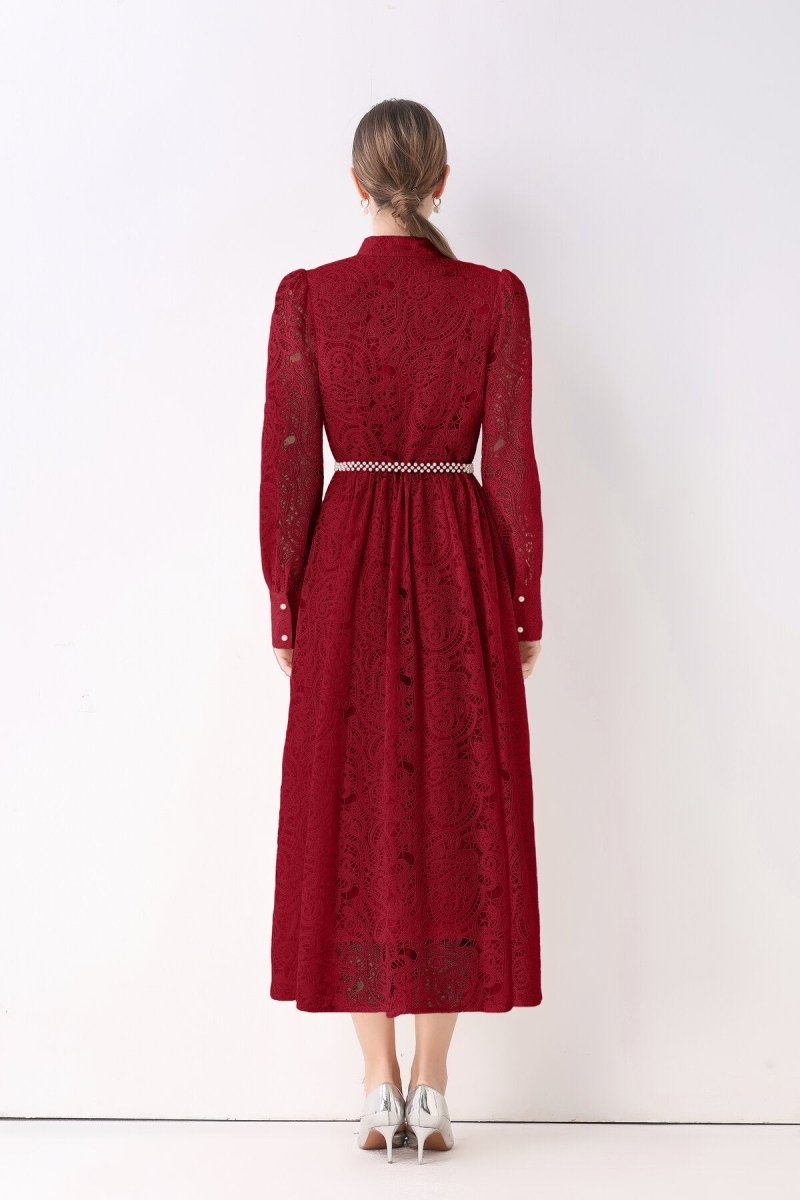 Elegant Vintage Lace Pearl Belt Maxi Dress