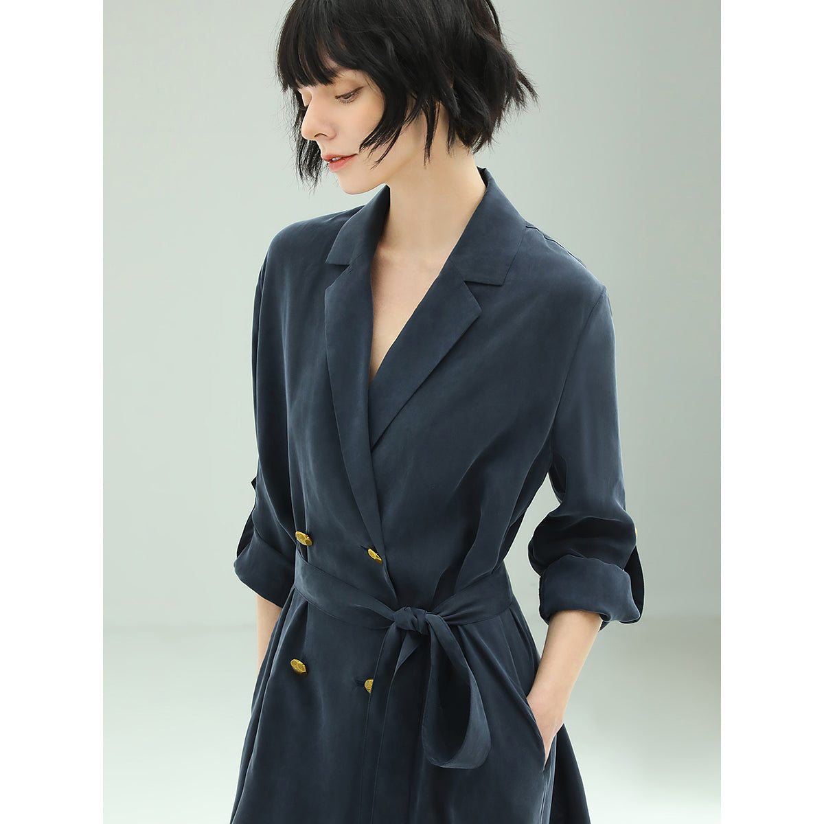 elite double breasted silk drape navy blazer dress all navy 3