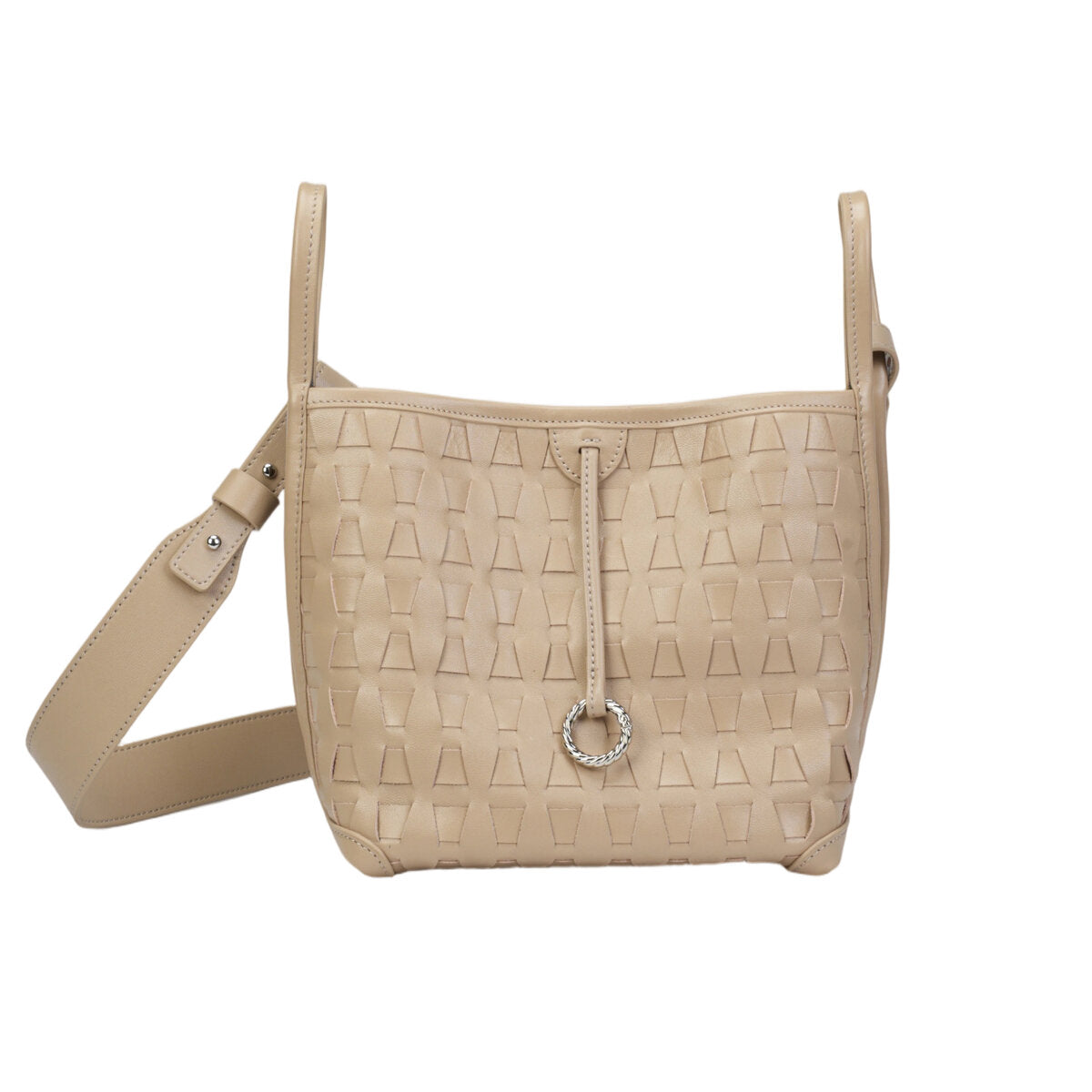 Embossed Calfskin Leather Bucket Bag Set – 2-in-1 Drawstring Crossbody Bag with Canvas Pouch