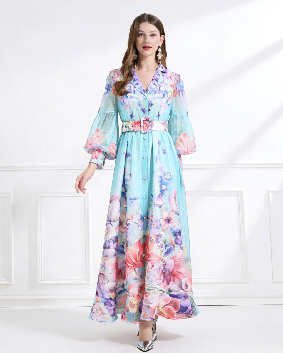 Enchanted Bloom Belted Chiffon Maxi Dress