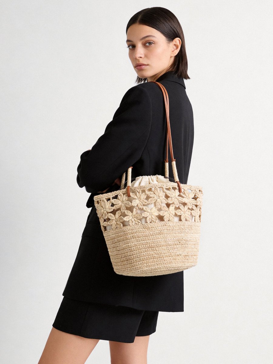 Floral Crochet Woven Straw Tote Bag – Marte Grass Leather Trim Shoulder Bag