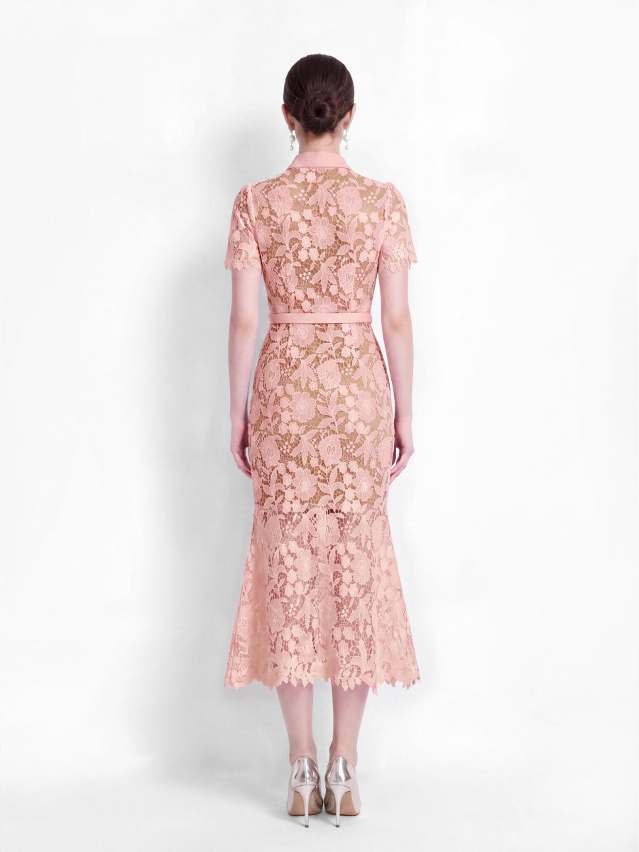 Floral Guipure Lace Bow-Tie Collar Mermaid Midi Dress with Flap Pockets and Belt