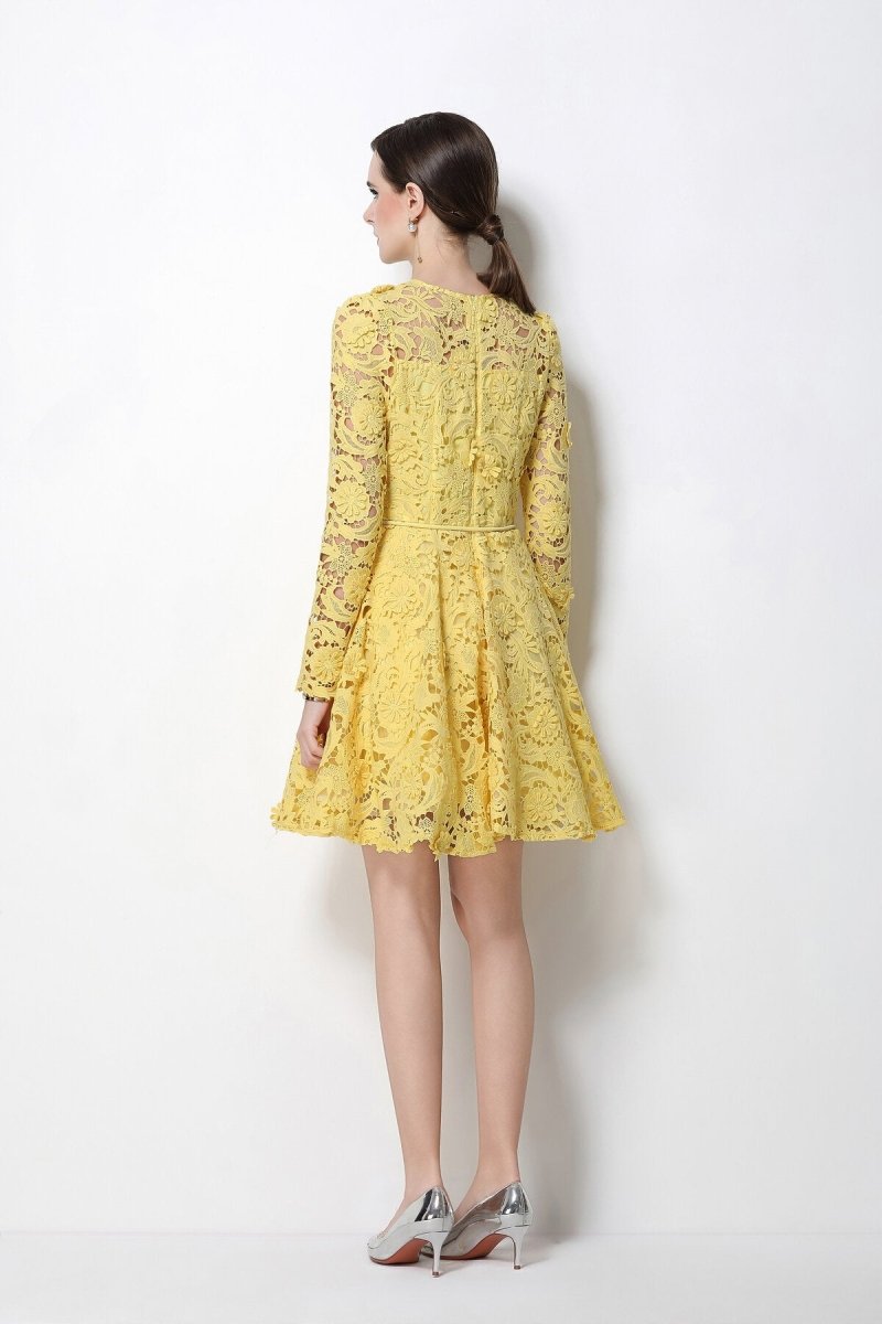 Floral Guipure Lace Long-Sleeve Fit-and-Flare Mini Dress with Rope Tie Belt