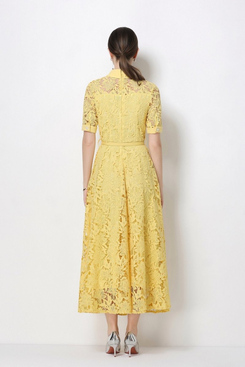 Floral Guipure Lace Shirt Collar Midi Dress
