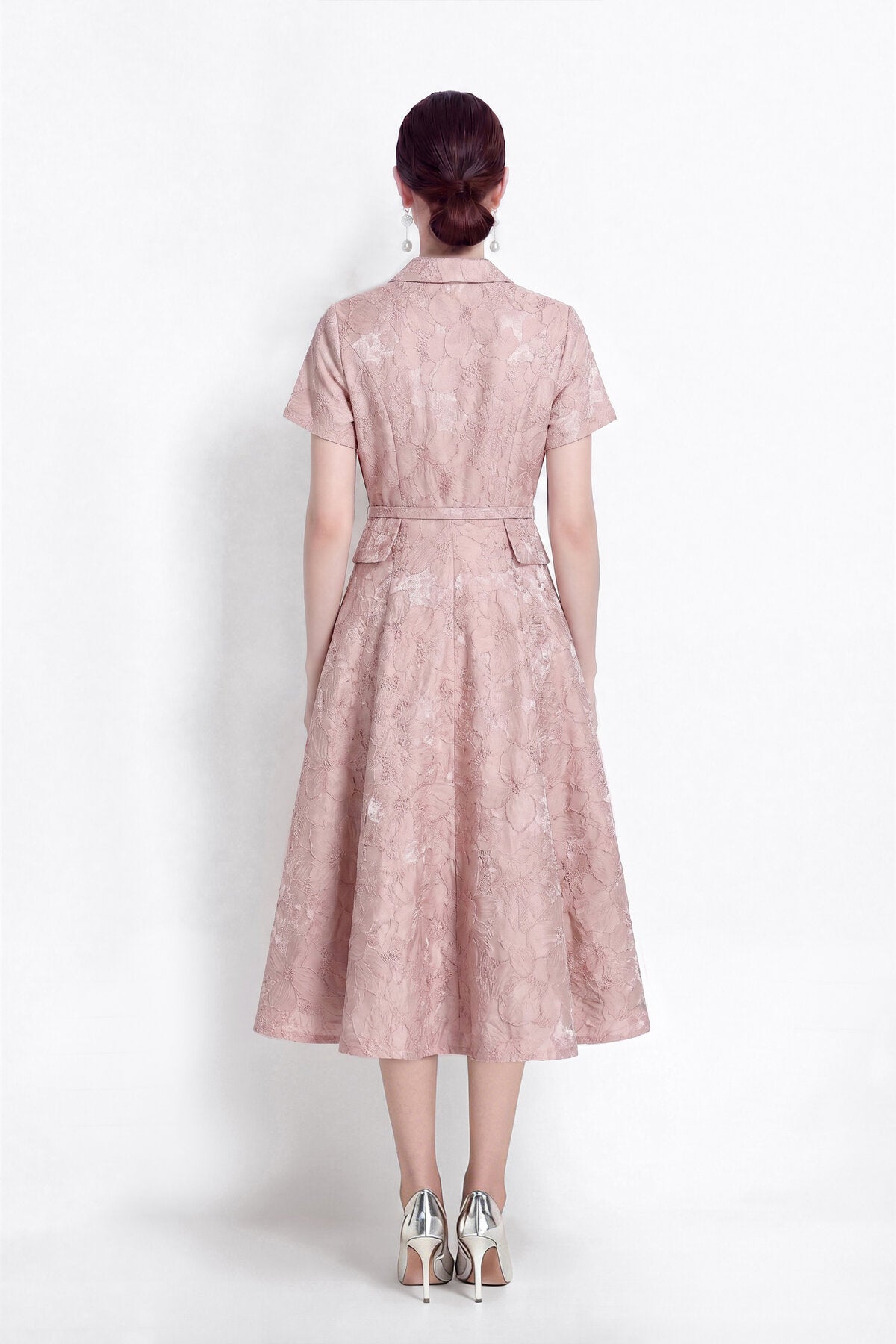 Floral Jacquard Point-Collar Shirt Midi Dress with Flap Pockets & Belted Waist