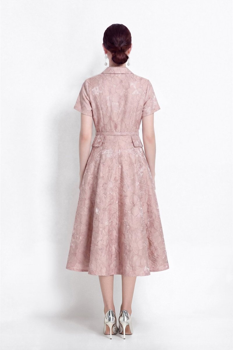 Floral Jacquard Point-Collar Shirt Midi Dress with Flap Pockets & Belted Waist