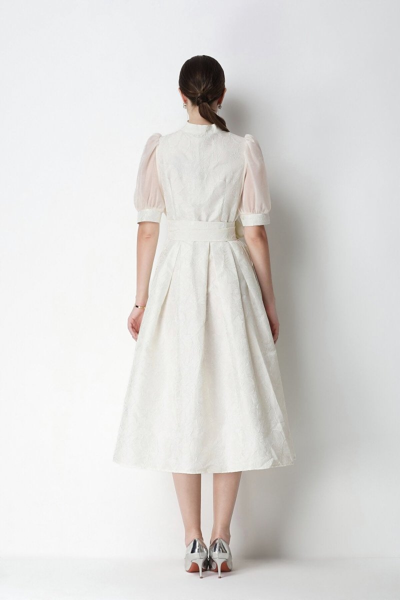 Floral Jacquard Puff-Sleeve Wrap Midi Dress