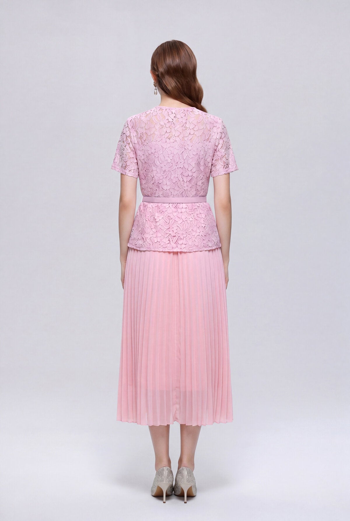 Floral Lace Square-Neck Peplum Midi Dress with Crystal Buttons and Pleated Skirt