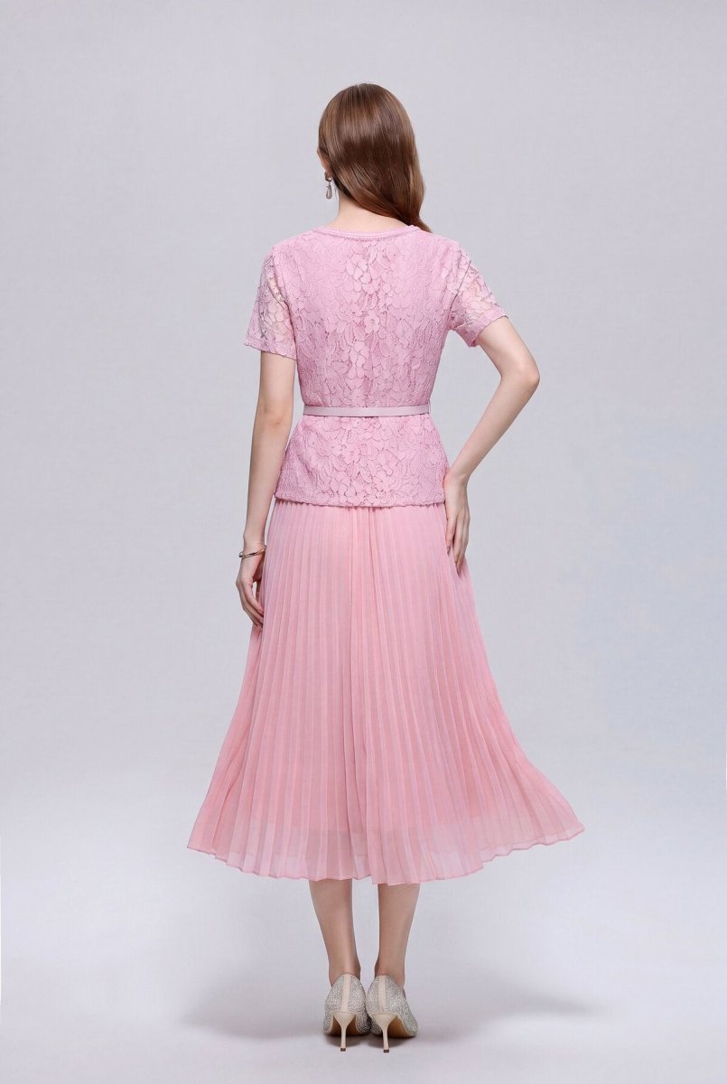 Floral Lace V-Neck Peplum Midi Dress with Crystal Buttons and Pleated Skirt